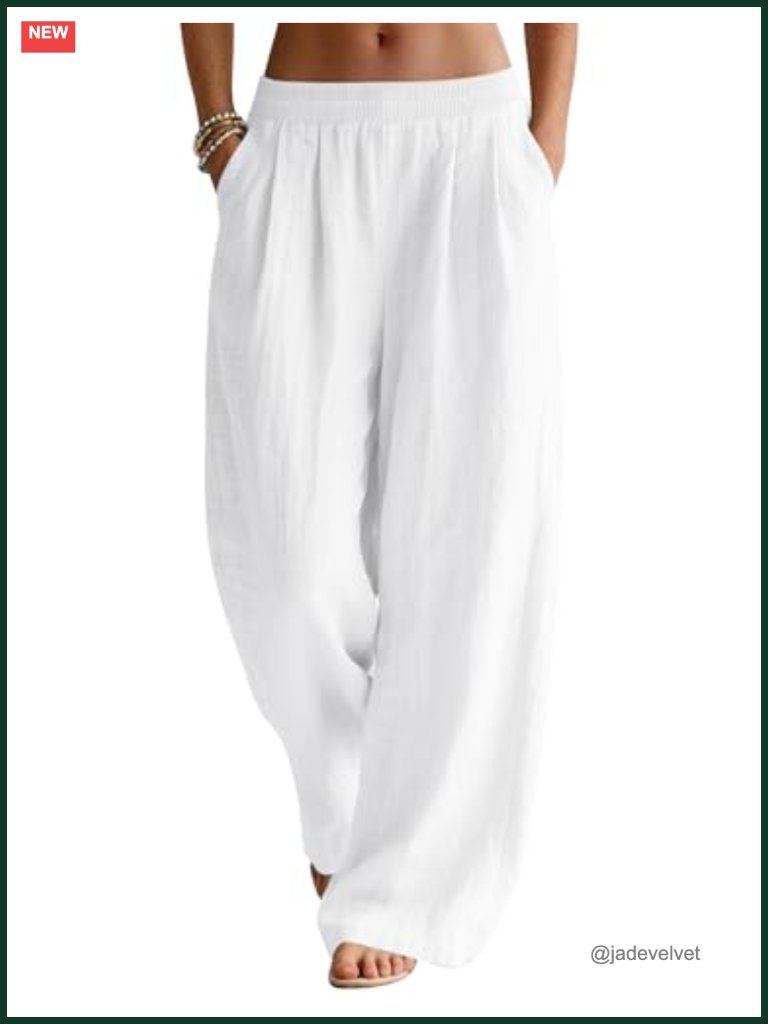 Linen Blend Wide Leg Palazzo Pants Elastic Waist With Pockets Summer Flowy